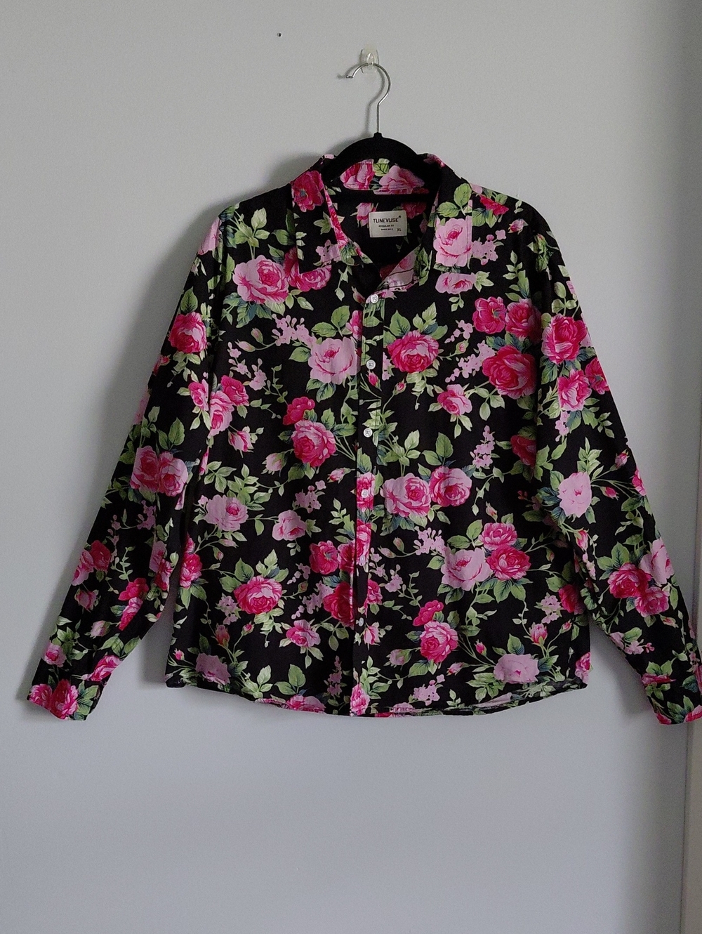 Tunevuse Mens Rose Floral Pink Black Long Sleeve Button Down Dress Shirt Cotton